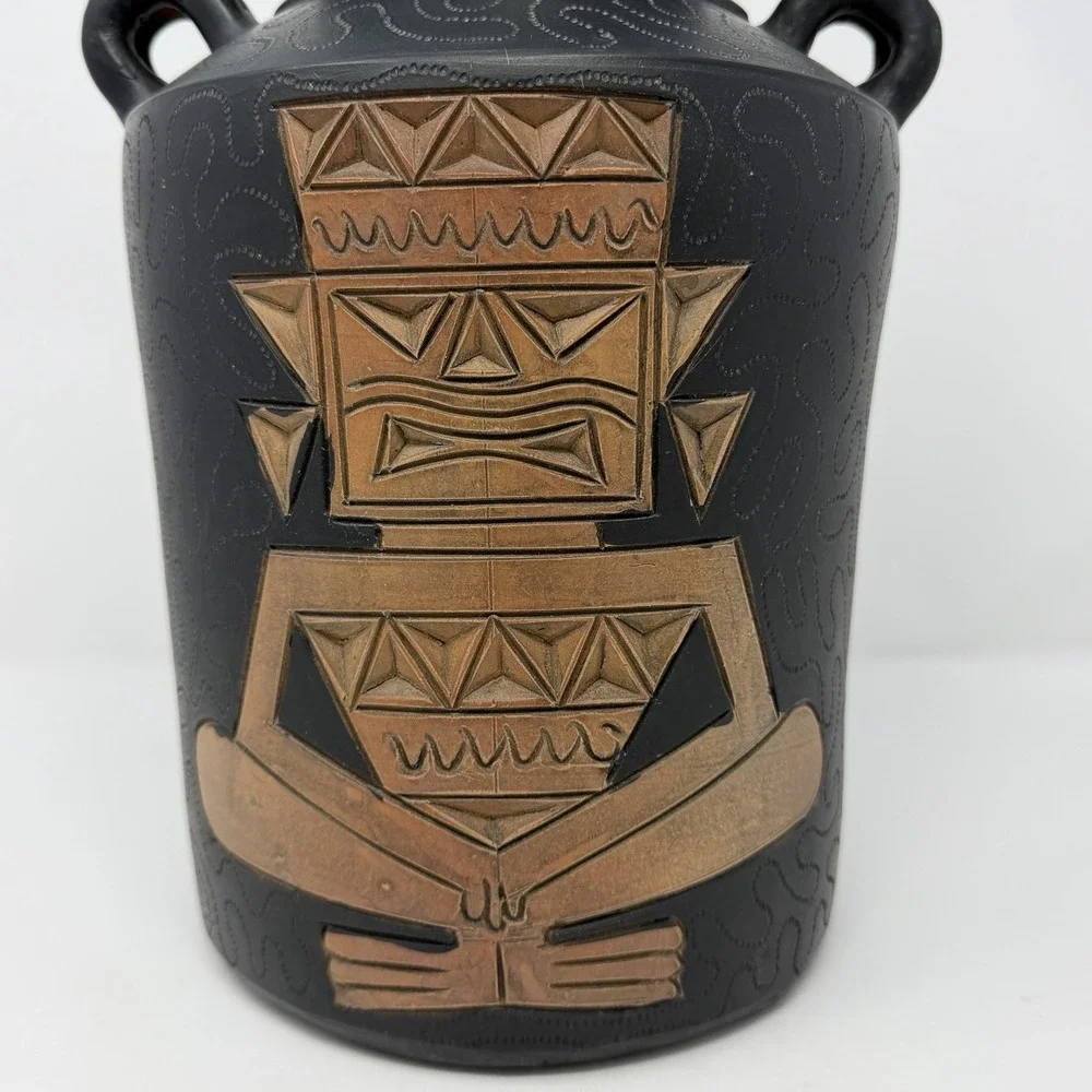 Vtg Black Pottery Vase Copper Colored Relief Tribal Geometric Double Handle 11